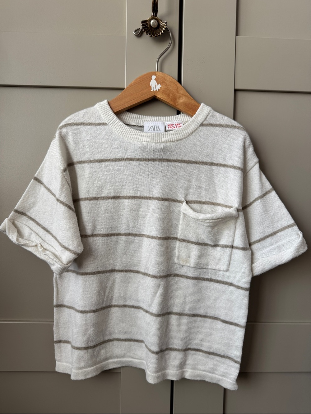 Zara Kids Boys Knit Cream Tee with Taupe Stripes and Chest Pocket